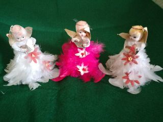 Trio Of Vintage Feather Angels,  Japan,  Plastic Heads,