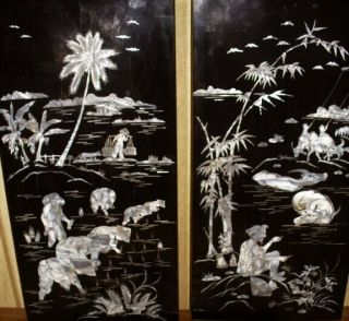 Vintage Asian Wall Panels Black Lacquer Mother Of Pearl Shell Art