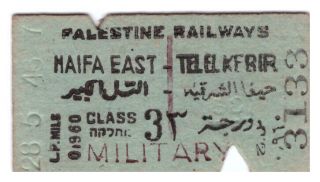 Palestine Railways.  Haifa East - Tel El Kebir Egypt.  1946 Military Ticket.
