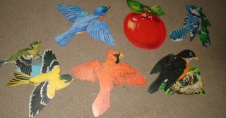 6 Vintage Dennison Die Cut Birds Cardinal/blue Jay/apple