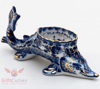 Gzhel Porcelain Caviar Server Bowl Holder Fish " Sturgeon " Acipenser Hand Painted