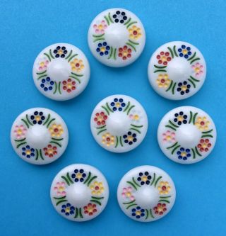 8 X 18mm Vintage White Glass Buttons,  Enamelled Floral Wreath Border
