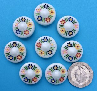 8 x 18mm Vintage White Glass Buttons,  Enamelled Floral Wreath Border 2