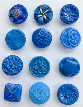 12 X 19mm Vintage Blue Glass Buttons,  1920s To 1950s,  Floral,  Enamelled