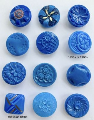 12 x 19mm Vintage Blue Glass Buttons,  1920s to 1950s,  Floral,  Enamelled 2