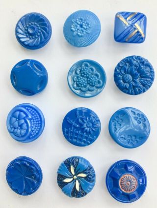12 x 19mm Vintage Blue Glass Buttons,  1920s to 1950s,  Floral,  Enamelled 3