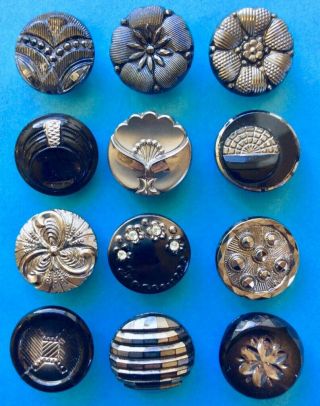 12 X 19mm Vintage Black Glass Buttons With Silver/blue Lustre,  Rhinestones