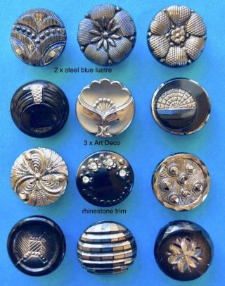 12 x 19mm Vintage Black Glass Buttons With Silver/Blue Lustre,  Rhinestones 2