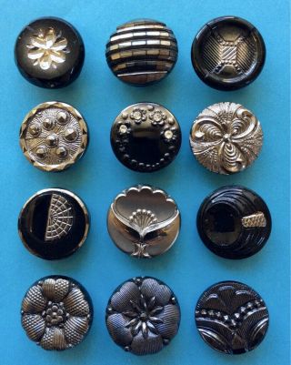 12 x 19mm Vintage Black Glass Buttons With Silver/Blue Lustre,  Rhinestones 3