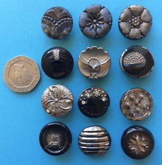 12 x 19mm Vintage Black Glass Buttons With Silver/Blue Lustre,  Rhinestones 4
