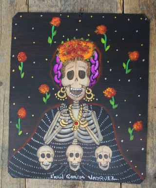 Naive Tin Painting Retablo Frida Kahlo Skeleton Mexican Folk Art Day Of The Dead