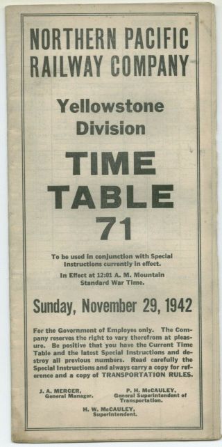 Northern Pacific Railway Co.  Yellowstone Division Emp.  71 Timetable Nov.  29,  1942