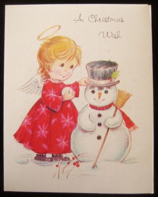 Vintage Christmas Greeting Card Angel Girl Making Snowman Little Angels Card
