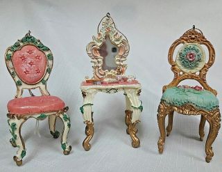 Vintage Dollhouse Vanity And Parlor Chairs / Christmas Tree Ornaments Set