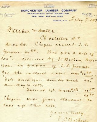 1908 Dorchester Lumber Co Badham Sc Letterhead Letter V C Badham Columbia Sc