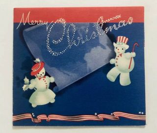 Vintage Christmas Card Patriotic American Flag Snowman Girl Star Map Usa Hat Mcm