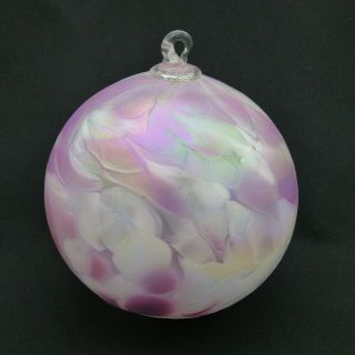Hand Blown Art Glass Ball Christmas Ornament Pink White Iridescent 3.  5 Inches