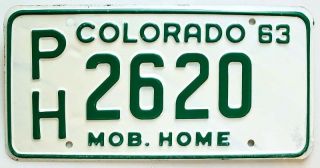 Vintage Colorado 1963 Mobile Home License Plate,  Ph 2620,  Arapahoe County