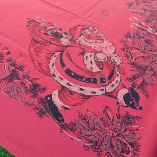 Vtg All Red Christmas Tablecloth Santa St Nicholas Candy Canes Toys 1950 