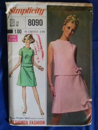 Vintage Simplicity Pattern 8090 Uncut Miss Size 14 Bust 36 2 Piece Outfit 1969