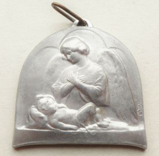 Holy Guardian Angel And The Baby Child - Antique Art Medal Pendant Signed Dedieu