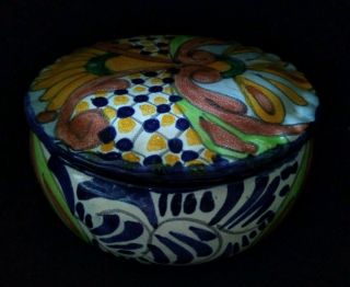 Talavera Mexican Pottery Hand Painted Round Trinket Storage Box Jewelry Box Cute