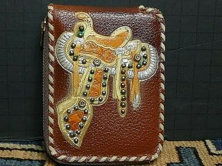Vintage Hand Made Usa Embossed/ Brass Concho Parade Saddle Zip Wallet