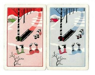 2 Playing Swap Cards Art Deco Accident In The Snow Toboggen Sled Trees 2