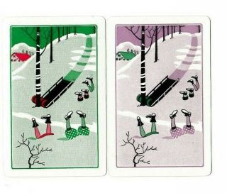 2 Playing Swap Cards Art Deco Accident In The Snow Toboggen Sled Trees 1