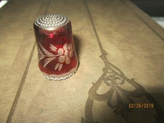 Cut Etched Crystal Glass Red Flower Thimble Vintage 1 1/4 " West Germany