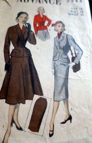 Lovely Vtg 1950s Suit Advance Sewing Pattern 18/36