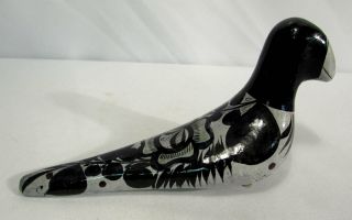 Vtg Mexican Tonala Folk Art Pottery Bird Figurine Glossy Black Artist Signed
