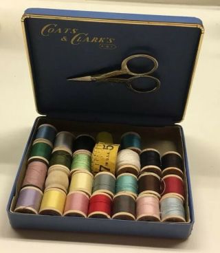 Vintage Coats And Clark Travel Sewing Kit Blue Hard Case Wooden Spools