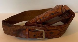 Vintage Leather Gun Holster & Belt Brown W/ Flowers 36 - C357 Mexico
