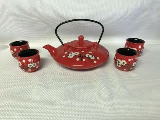 Vintage Red Porcelain Asian Tea Set Squatty Tea Pot