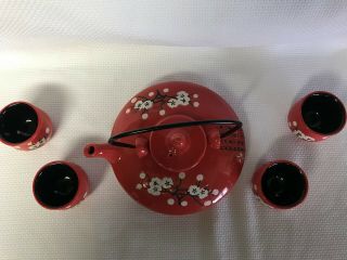 Vintage Red Porcelain Asian Tea Set Squatty Tea Pot 2