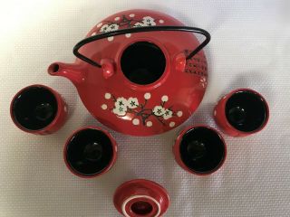 Vintage Red Porcelain Asian Tea Set Squatty Tea Pot 4