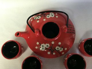 Vintage Red Porcelain Asian Tea Set Squatty Tea Pot 5