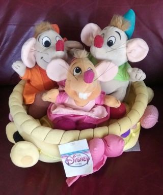 Disney Plush Cinderella Mice In Sewing Basket Vguc Smoke Home