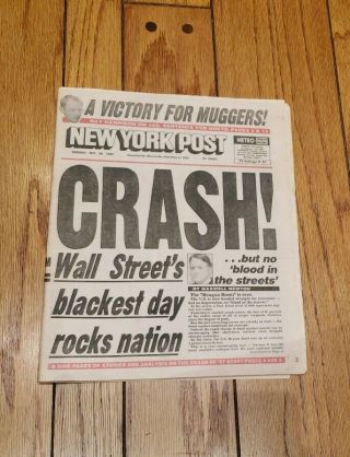 York Post Tue Oct 20th 1987 Crash Wall Street 