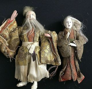 Antique Japanese Gofun Elder Man And Woman Dolls.