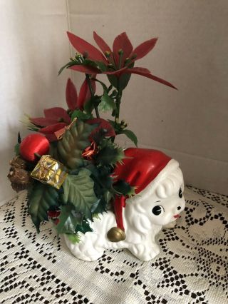 Christmas Vintage Planter White Puppy Dog Santa Hat By Napco Napcoware