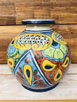 Talavera Mexican Pottery Vase Multicolor Folk Art Hand Painted Mexico