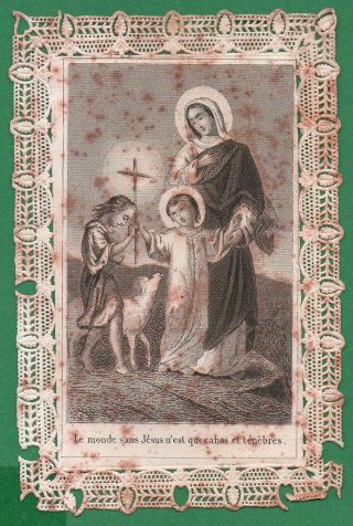 Virgin Mary W/ Child Jesus & St John Baptist Antique 19th Cent.  Lace Holy Card