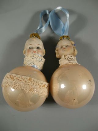 2 Vintage Christmas Ornaments Glass Porcelain Heads