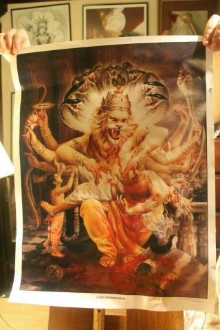 Vintage Print 1995 Hare Krishna Bhaktivedanta Lord Nrsimhadeva 18x24