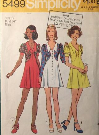Vintage 1970s Pattern Mini Dress W/collar Simplicity 5499 Size 12 - Bust 34 "