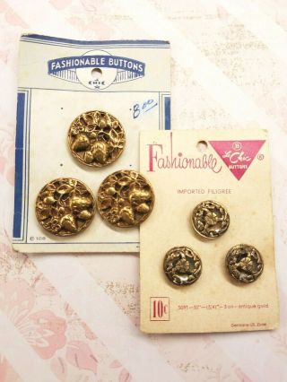 6 Vintage Metal Twinkle Buttons On 2 Cards Strawberry And Floral