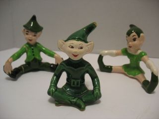 3 Vintage Pixies Elf Elves Exercising Green Boy Girl Ceramic Touching Toes