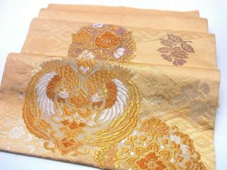 Japanese Kimono Obi Fabric Panel 34 " _silk,  Gold,  Kacho - Mon,  Hanakarakusa,  O192 - C